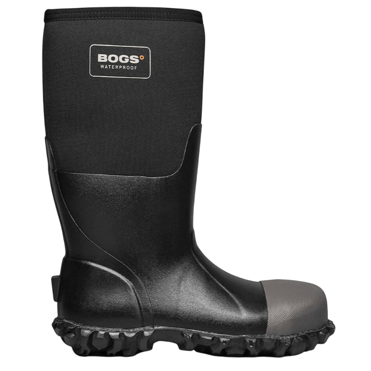 A black waterproof boot labeled \“BOGS,\“ featuring a rugged sole and a dark grey toe cap, suitable for wet conditions.