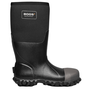 A black waterproof boot labeled \“BOGS,\“ featuring a rugged sole and a dark grey toe cap, suitable for wet conditions.