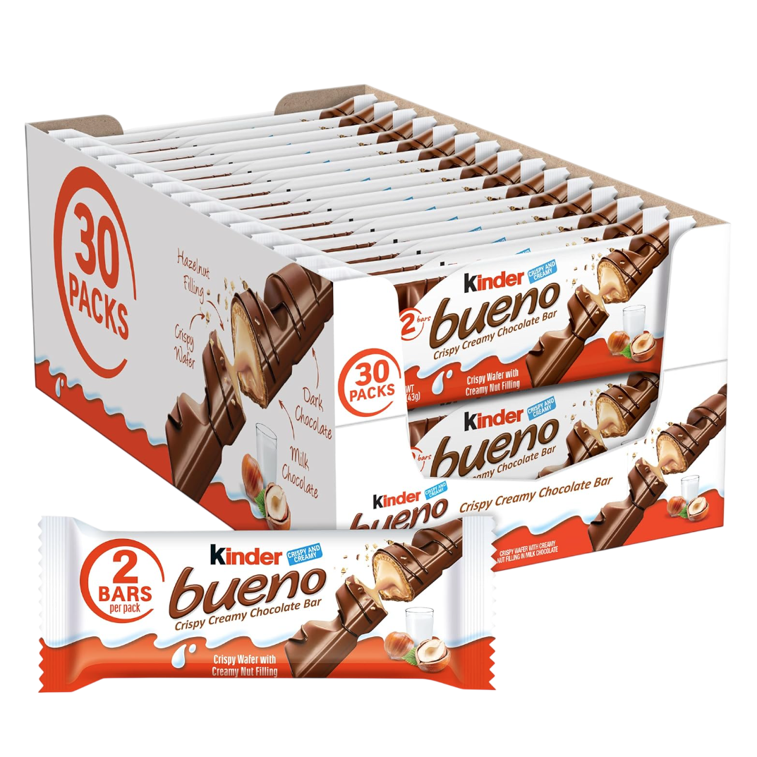 Box of 30 packs of Kinder Bueno, each containing 2 bars. Features crispy wafers with creamy hazelnut filling, covered in milk and dark chocolate.