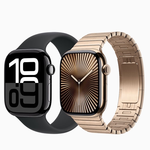 a black Apple Watch 10 and a gold Apple Watch 10 side by side