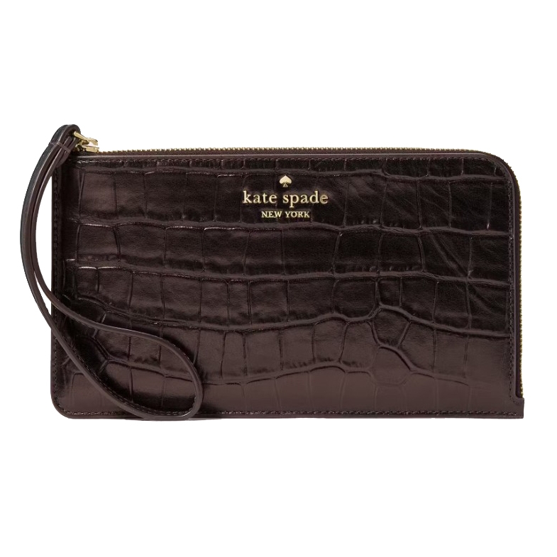 Kate Spade New York wristlet with a crocodile-embossed design and gold logo, featuring a zip closure and wrist strap.