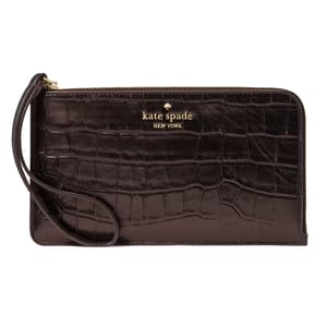 Kate Spade New York wristlet with a crocodile-embossed design and gold logo, featuring a zip closure and wrist strap.
