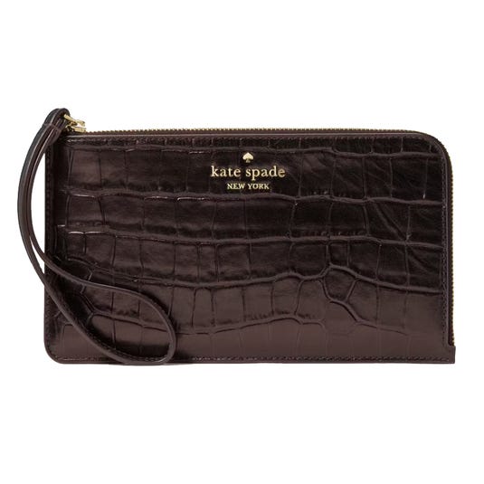 Kate Spade New York wristlet with a crocodile-embossed design and gold logo, featuring a zip closure and wrist strap.