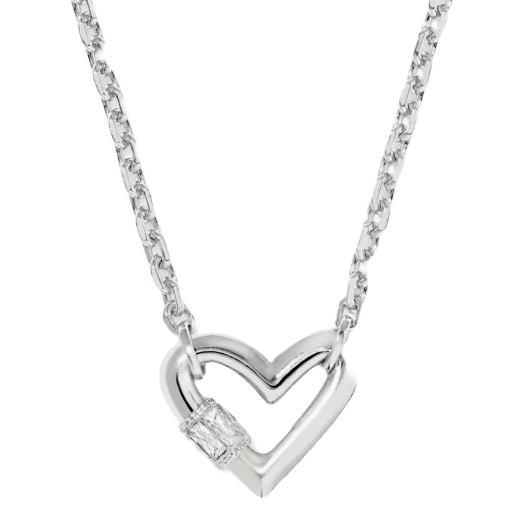 Silver heart-shaped pendant on a chain with a rectangular gemstone accent.