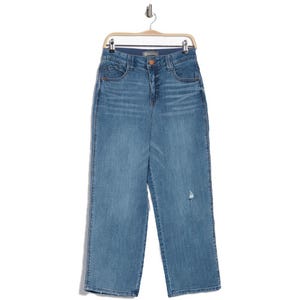 Democracy Skyrise Straight Leg Jeans are mid-wash denim with a wide leg design, featuring classic five-pocket styling and a subtle distressed detail.
