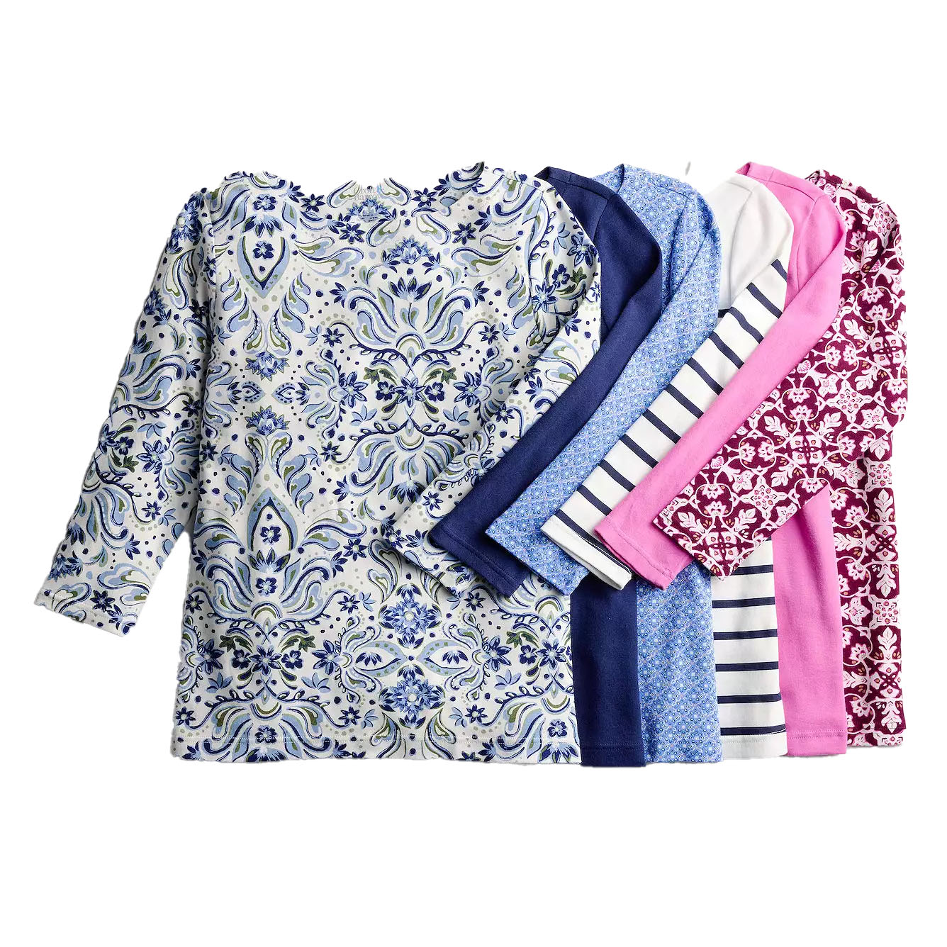 A collection of six long-sleeve shirts with various patterns and colors, including floral, stripes, and solid designs, displayed in a fanned arrangement.