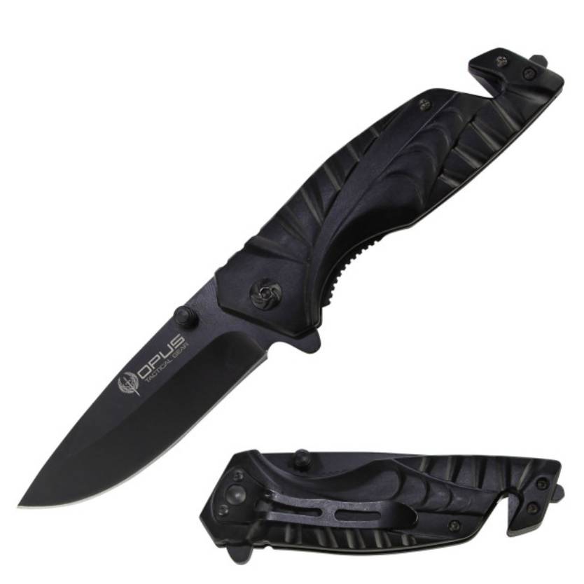 Two black folding knives, one open with a partially serrated blade and the other closed with a belt clip.