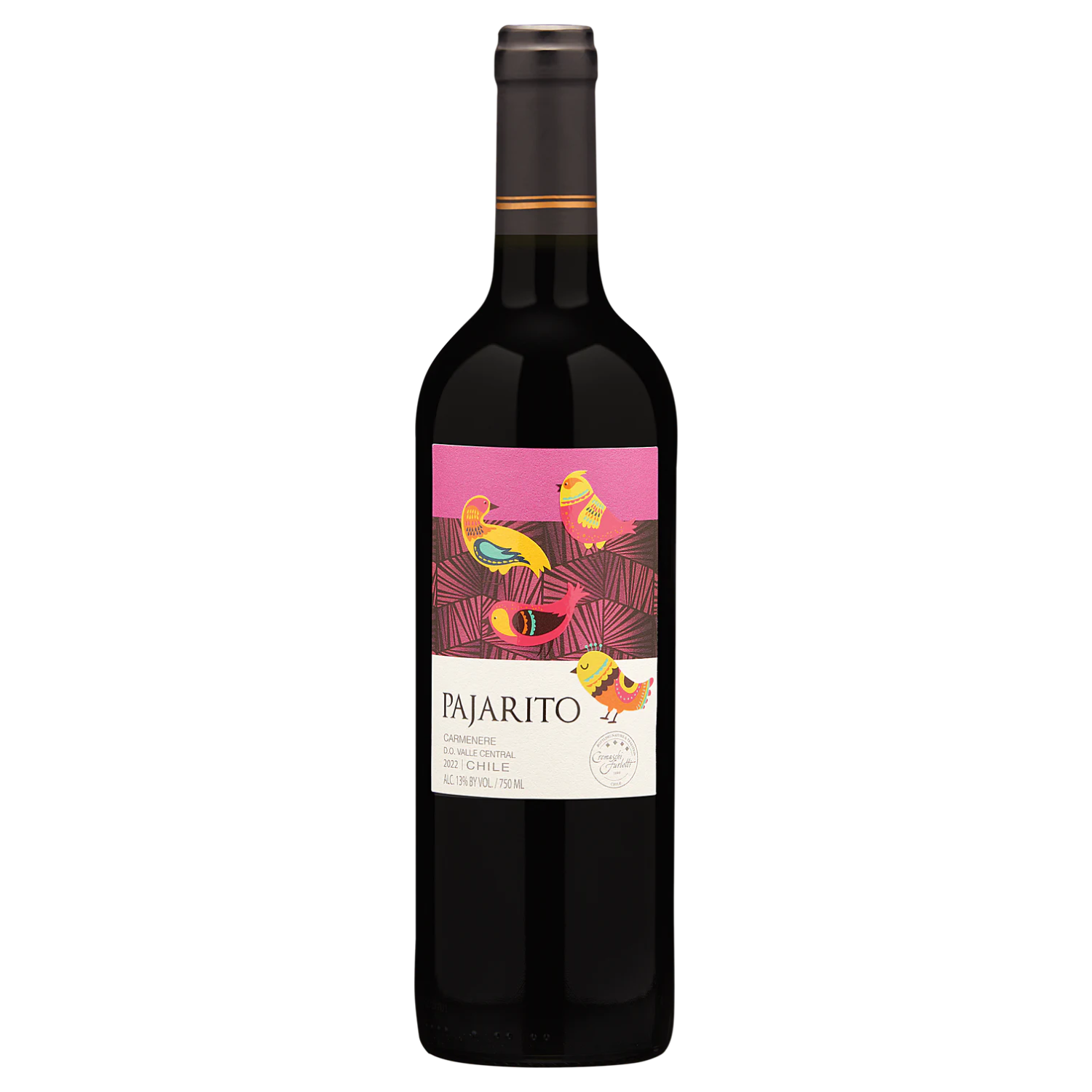 A bottle of Pajarito Carménère wine from Chile, 2021, featuring a colorful bird design on the label. Contains 750 ml with 13% alcohol by volume.