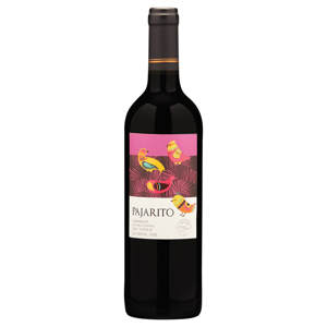 A bottle of Pajarito Carménère wine from Chile, 2021, featuring a colorful bird design on the label. Contains 750 ml with 13% alcohol by volume.