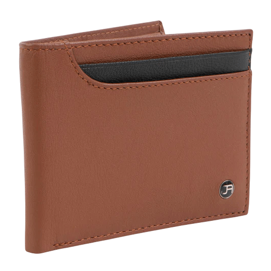 Brown leather wallet with a black card slot, featuring a subtle metallic logo emblem on the front.