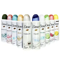 A lineup of Dove deodorant sprays in various scents and formulations, including Natural Touch, Beauty Finish, Cotton Dry, Silk Dry, Invisible Dry, Original, Sensitive, and Go Fresh, with colorful caps indicative of each variant.