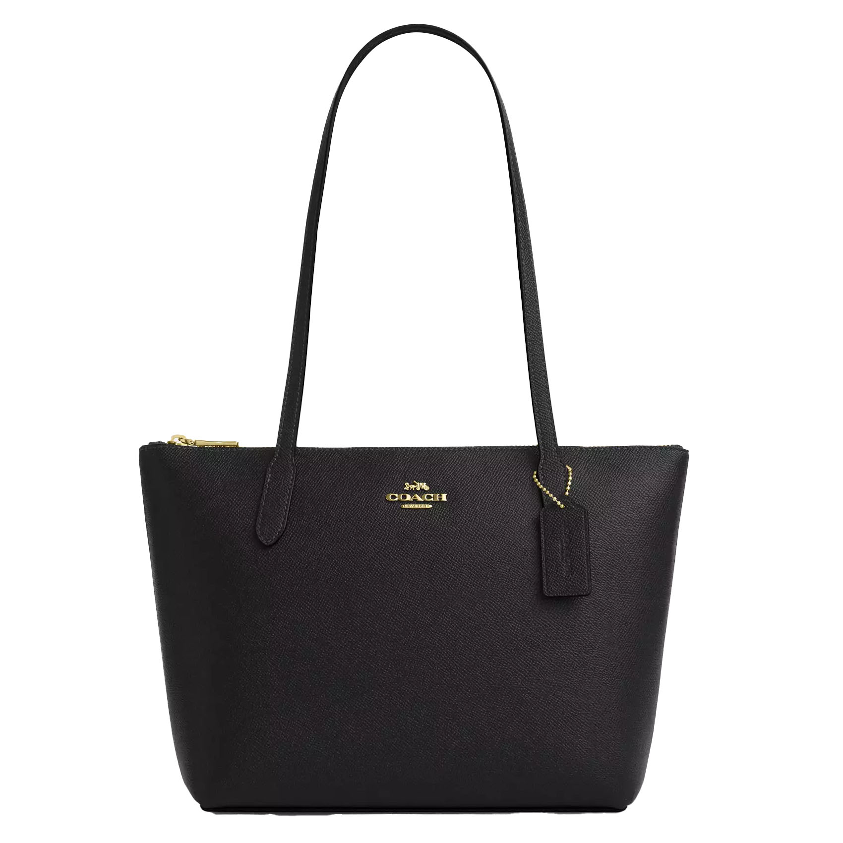 Black leather tote with gold-tone hardware, featuring dual shoulder straps, Coach logo on the front, and a zipper closure.