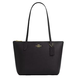 Black leather tote with gold-tone hardware, featuring dual shoulder straps, Coach logo on the front, and a zipper closure.