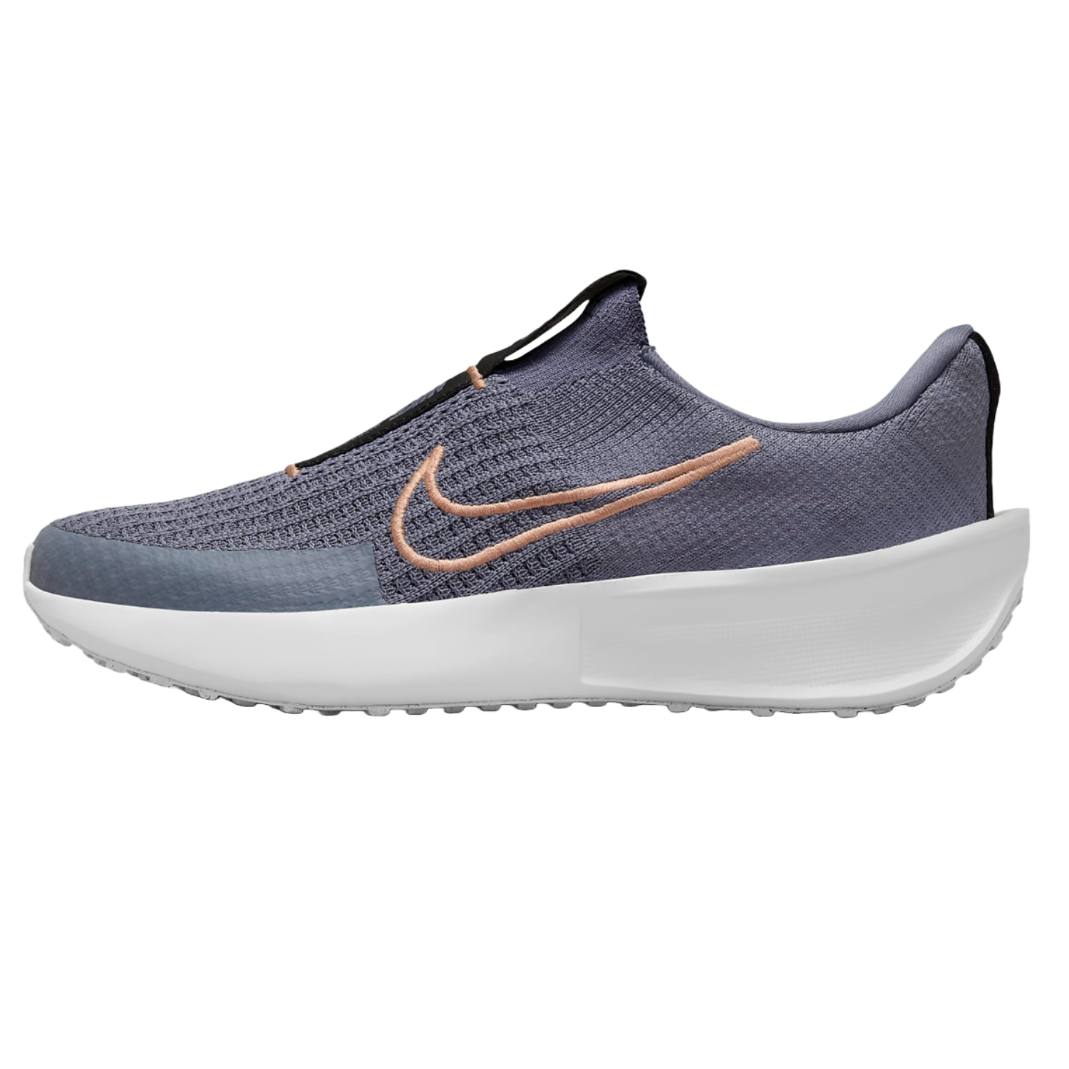 The Nike Interact Run EasyOn Shoes feature a slip-on design with a textured blue knit upper and a cushioned white sole, accented by a peach-colored swoosh logo, ensuring a comfortable and stylish fit.