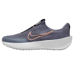 The Nike Interact Run EasyOn Shoes feature a slip-on design with a textured blue knit upper and a cushioned white sole, accented by a peach-colored swoosh logo, ensuring a comfortable and stylish fit.