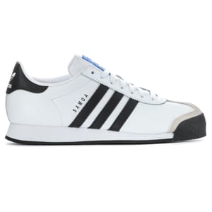 Adidas Samoa sneaker in white with black stripes, featuring a rubber toe and suede accents.