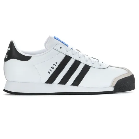 Adidas Samoa sneaker in white with black stripes, featuring a rubber toe and suede accents.