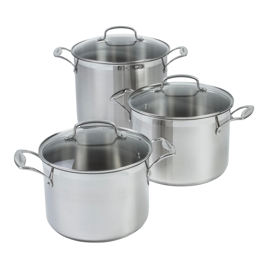 Three stainless steel Cuisinart stockpots with glass lids are shown, featuring sturdy handles. They vary in size and are designed for versatile cooking needs.