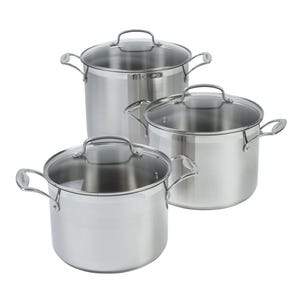 Three stainless steel Cuisinart stockpots with glass lids are shown, featuring sturdy handles. They vary in size and are designed for versatile cooking needs.
