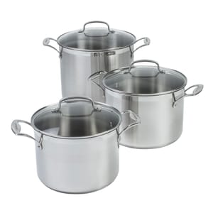 Three stainless steel Cuisinart stockpots with glass lids are shown, featuring sturdy handles. They vary in size and are designed for versatile cooking needs.