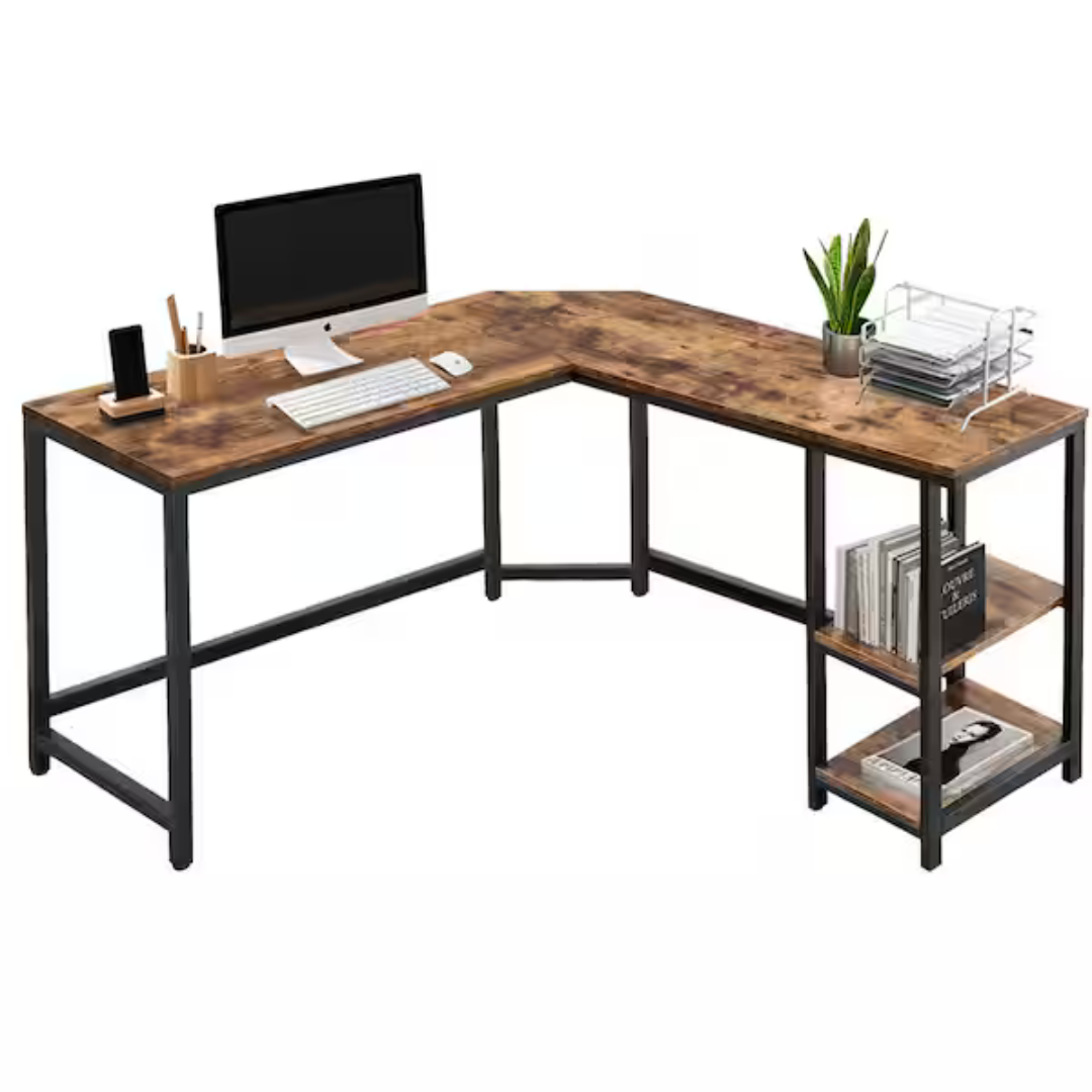 L-shaped wooden desk with a computer, various office supplies, and shelves for storage.