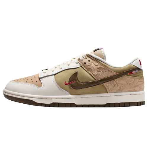 A beige and brown Nike sneaker featuring a swoosh logo, intricate embroidery, and a combination of textures on a white sole.
