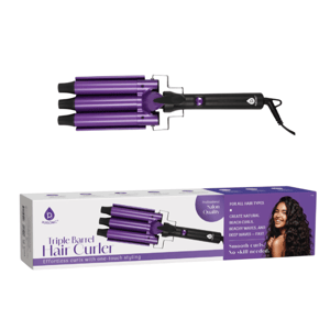 Purple triple barrel hair curler on a white box with the label \“Triple Barrel Hair Curler\“ and a feature list for creating curls and waves.