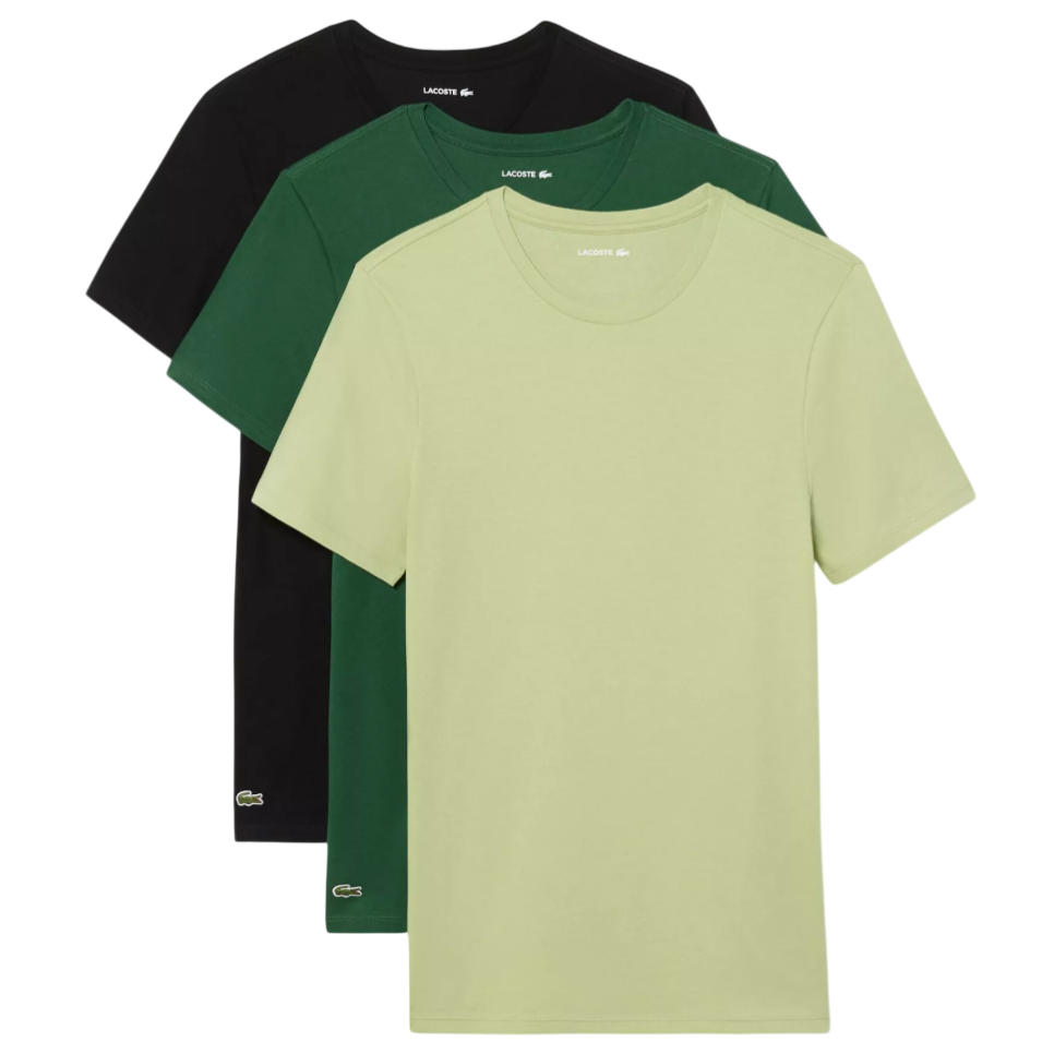 Three Lacoste crew neck t-shirts in black, dark green, and light green, each featuring the brand's small embroidered crocodile logo at the bottom.