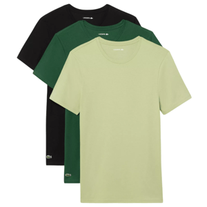 Three Lacoste crew neck t-shirts in black, dark green, and light green, each featuring the brand's small embroidered crocodile logo at the bottom.