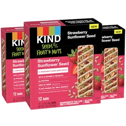 KIND Seeds Fruit & Nuts bars in Strawberry Sunflower Seed flavor, featuring almonds, peanuts, and a plant-based oat milk drizzle. Each box contains 12 bars with high fiber and 5g protein, gluten-free.