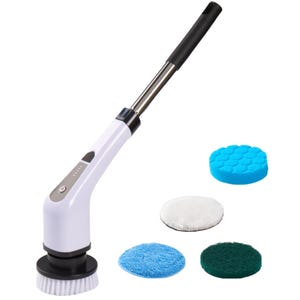 Electric cleaning brush with an extendable handle, featuring four detachable scrubbing pads in various textures and colors for versatile cleaning tasks.
