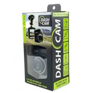 Dash cam with a 2.4\“ HD LCD display, records in 1080p, features night vision, G-sensor, motion detection, loop recording, and supports up to 8GB cards.