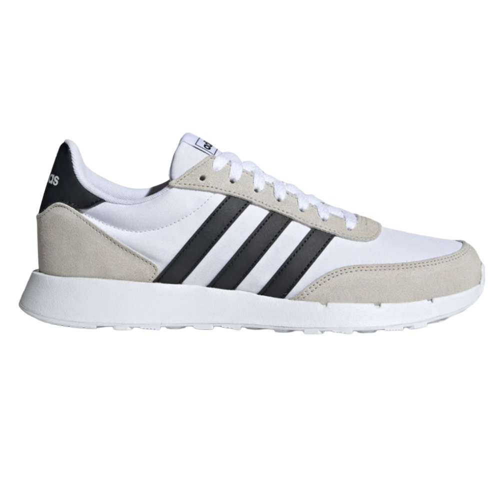 A white and beige sneaker with black stripes, featuring a low-top design and a white sole.
