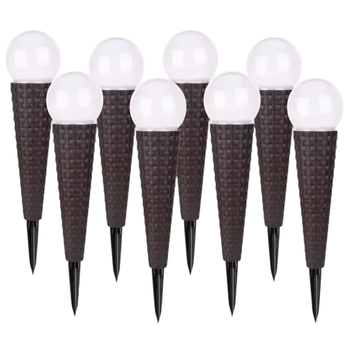 Eight solar garden lights with cone-shaped bases resembling waffle cones and spherical tops.