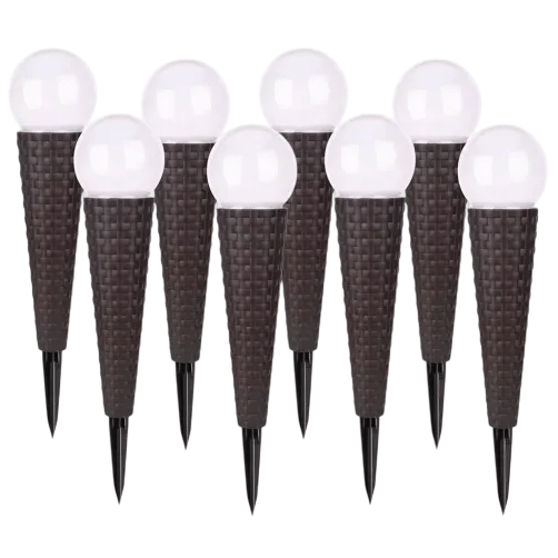 Eight solar garden lights with cone-shaped bases resembling waffle cones and spherical tops.