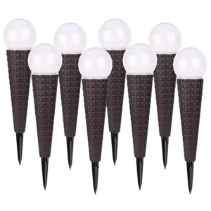 Eight solar garden lights with cone-shaped bases resembling waffle cones and spherical tops.
