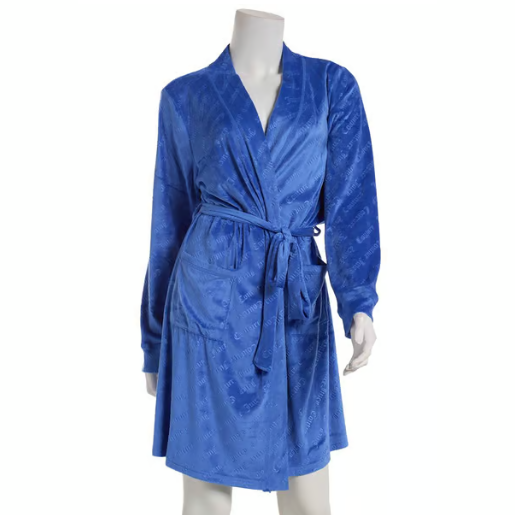 Blue belted robe with a shawl collar and patch pockets, featuring a subtle all-over pattern.