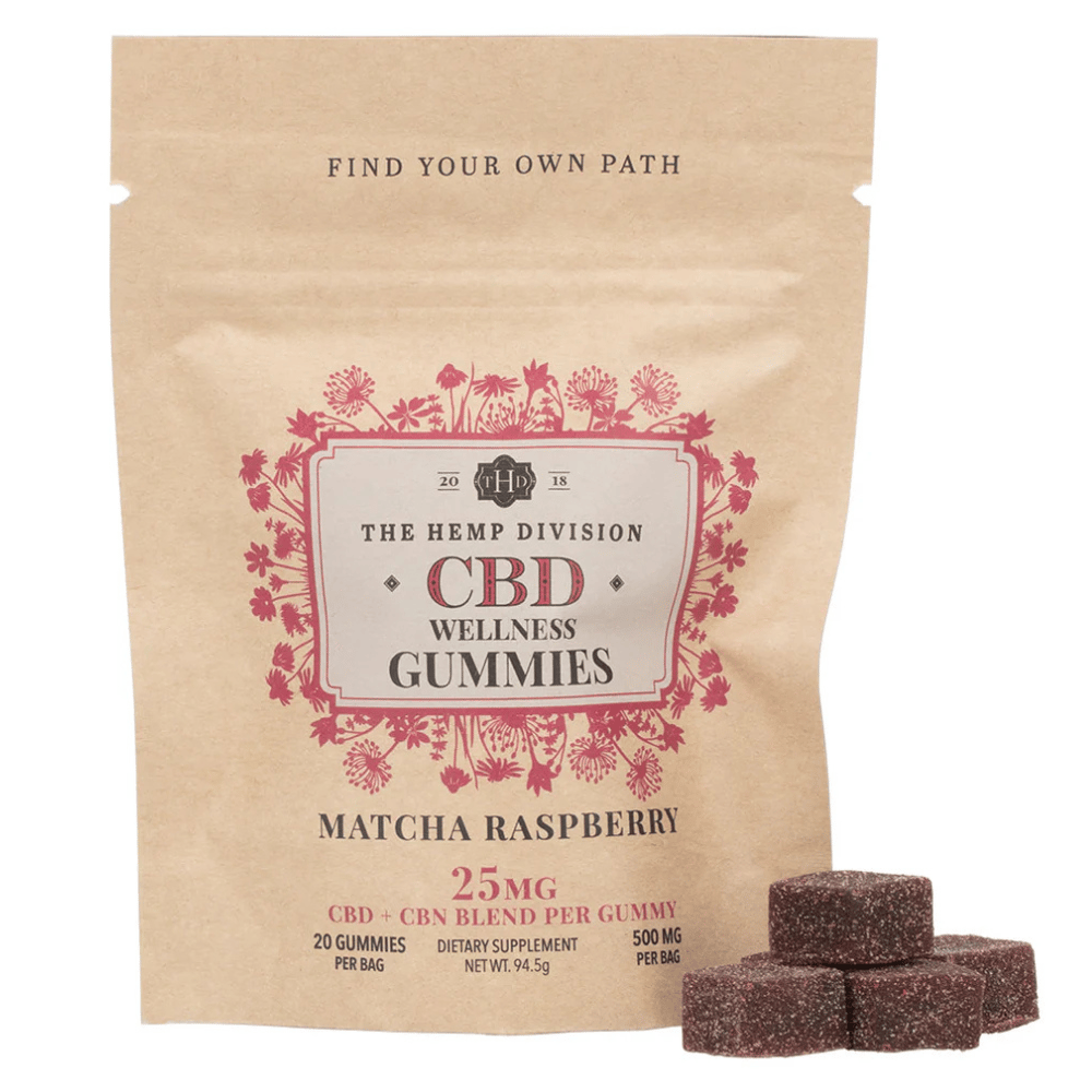 CBD wellness gummies, Matcha Raspberry flavor, by The Hemp Division. Each gummy contains 25mg of a CBD + CBN blend, with 20 gummies per 94.5g bag.