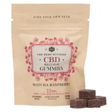 CBD wellness gummies, Matcha Raspberry flavor, by The Hemp Division. Each gummy contains 25mg of a CBD + CBN blend, with 20 gummies per 94.5g bag.
