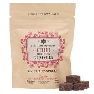 CBD wellness gummies, Matcha Raspberry flavor, by The Hemp Division. Each gummy contains 25mg of a CBD + CBN blend, with 20 gummies per 94.5g bag.