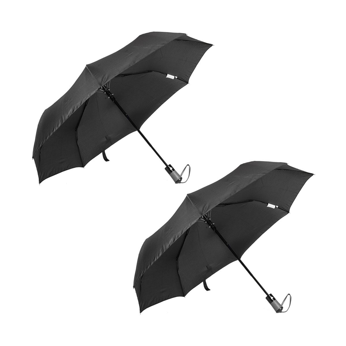 Two black umbrellas, opened, viewed from above.