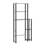 A multifunctional shelving unit with a modern black frame and wood-like shelves, featuring four levels on the left and three levels on the right for diverse storage options.
