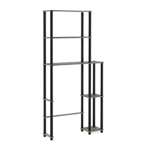 A multifunctional shelving unit with a modern black frame and wood-like shelves, featuring four levels on the left and three levels on the right for diverse storage options.