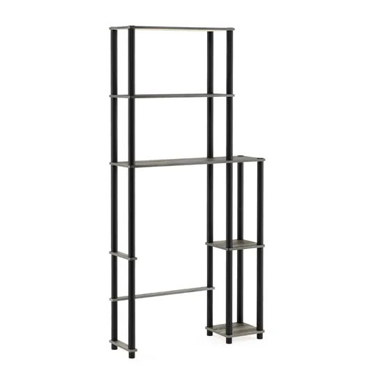 A multifunctional shelving unit with a modern black frame and wood-like shelves, featuring four levels on the left and three levels on the right for diverse storage options.