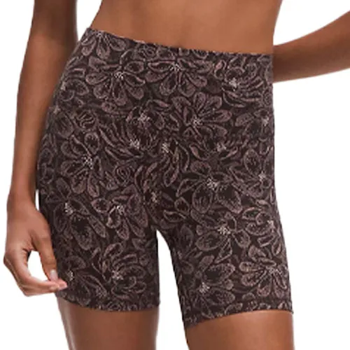 High-rise, knee-length shorts with a floral pattern in shades of brown and black, suitable for active or casual wear.