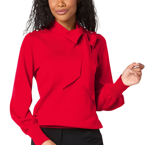 A woman wearing a red long-sleeved blouse with a tie-neck detail.