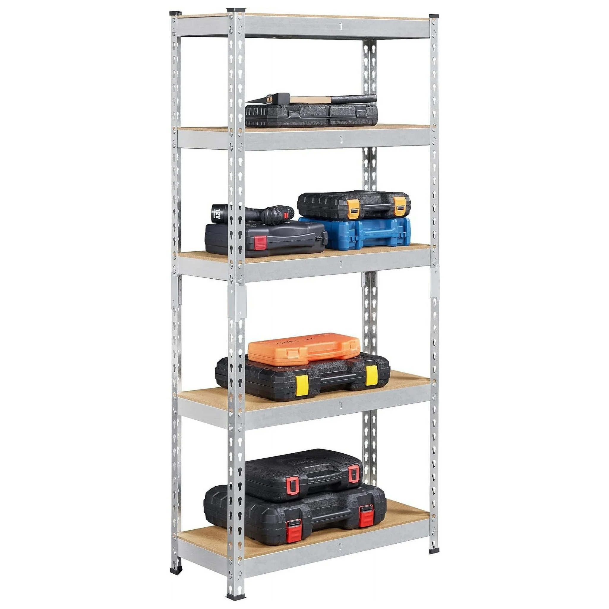 A 5-tier garage storage rack with metal frame and wood shelves, holding various toolboxes in black, blue, and orange. Suitable for organizing tools and equipment efficiently.