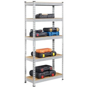 A 5-tier garage storage rack with metal frame and wood shelves, holding various toolboxes in black, blue, and orange. Suitable for organizing tools and equipment efficiently.