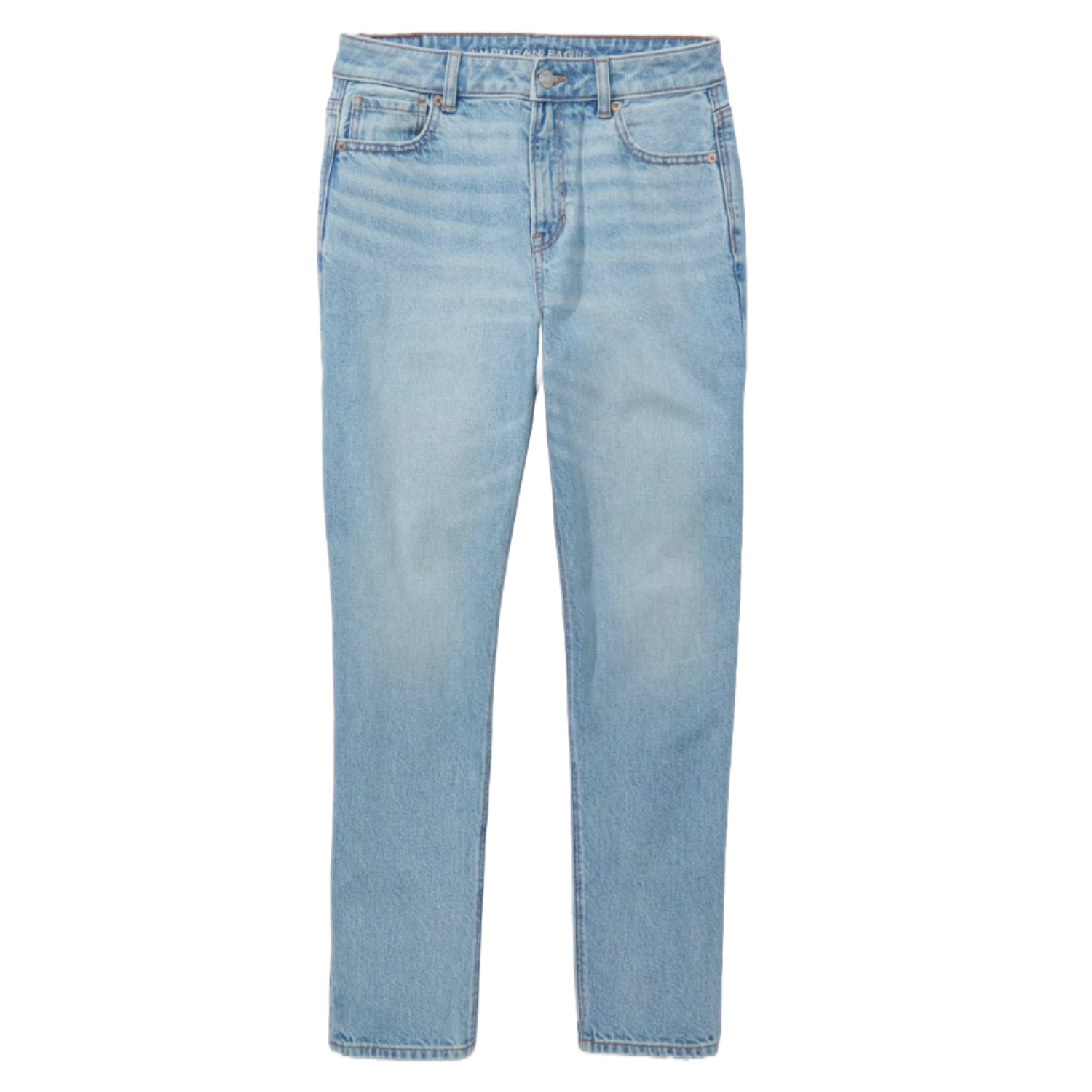 Light blue denim jeans with a classic five-pocket design and belt loops.
