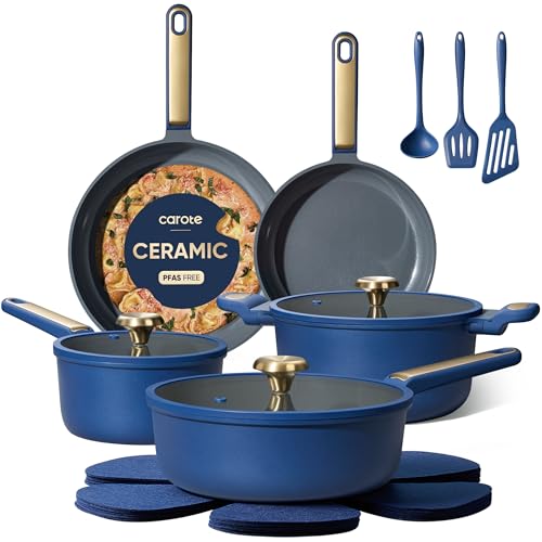 Blue ceramic cookware set with two saucepans, two frying pans, gold handles, three blue utensils, and matching trivets.